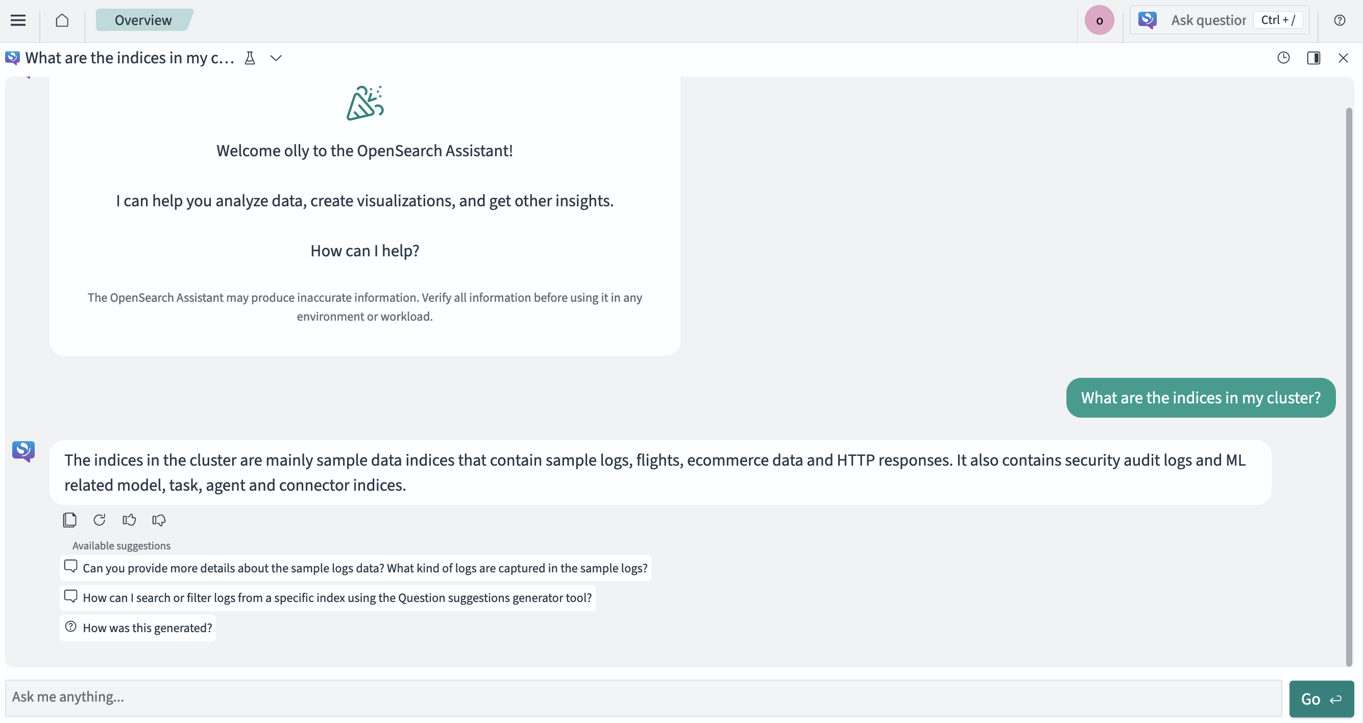 Prompt and response using OpenSearch Assistant in OpenSearch Dashboards