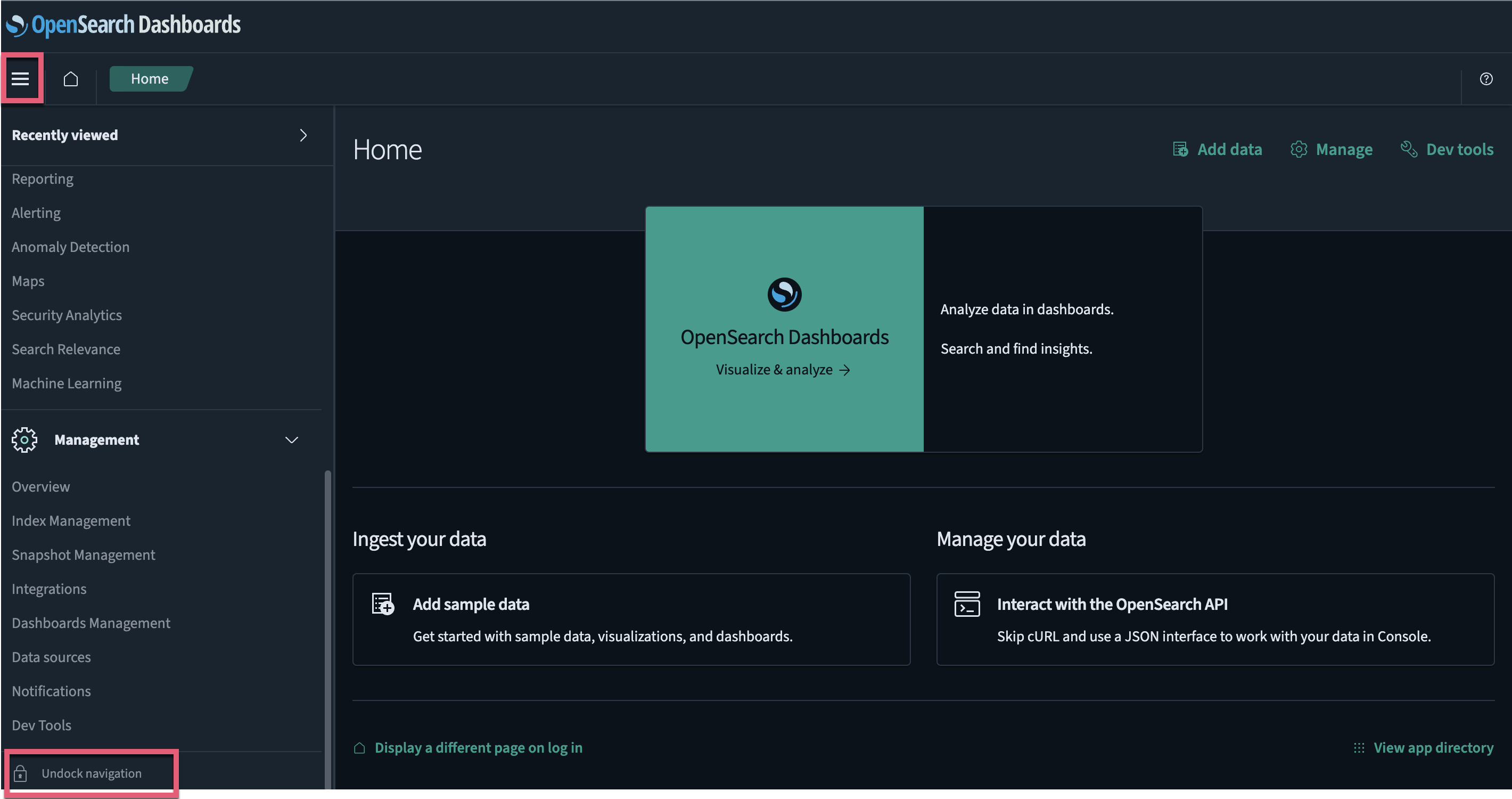 OpenSearch Dashboards home page